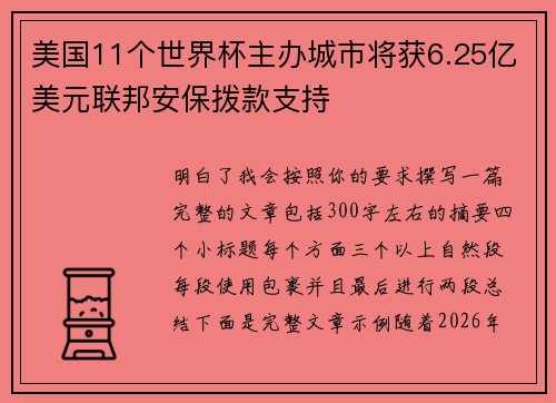 美国11个世界杯主办城市将获6.25亿美元联邦安保拨款支持 美国11个世界杯主办城市将获6.25亿美元联邦安保拨款支持