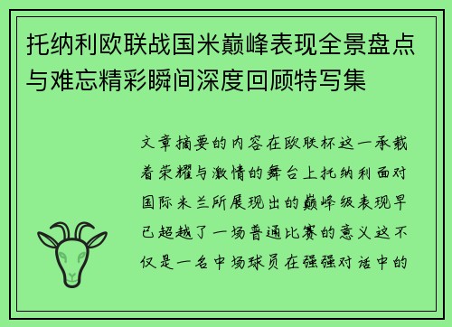 托纳利欧联战国米巅峰表现全景盘点与难忘精彩瞬间深度回顾特写集